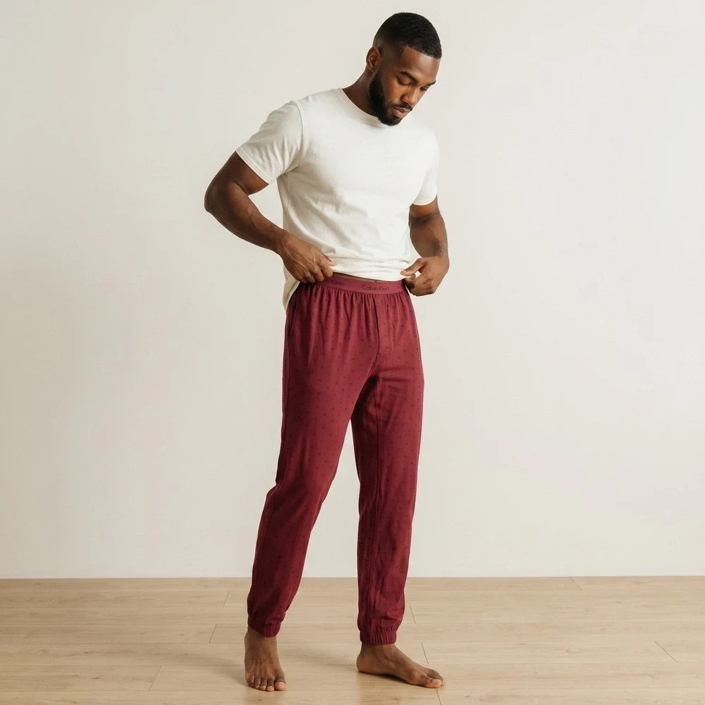 Calvin Klein Pajama Jogger Pants Mens Small S Burgundy Monogram Logo
